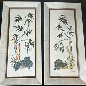Pair of Mid Century tropical paintings, bamboo artwork, framed, signed